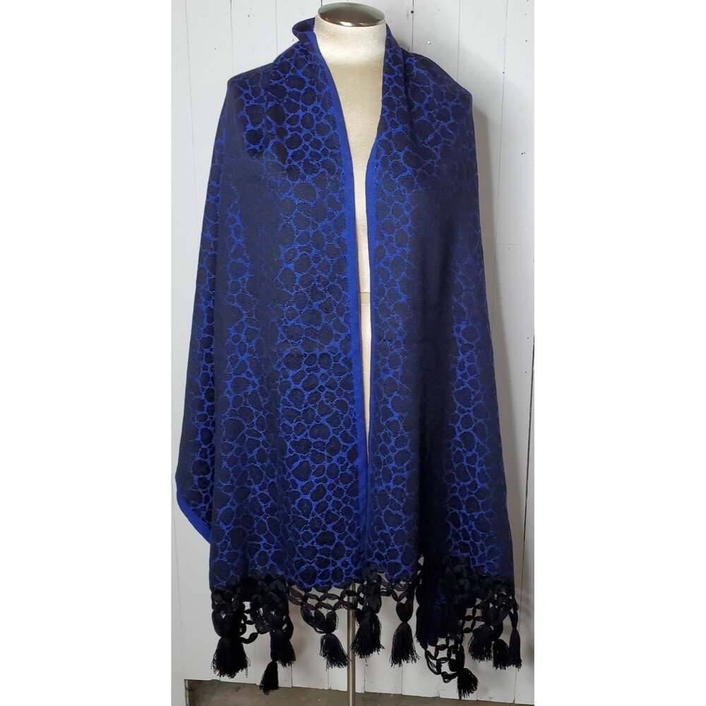 Vintage Shawl Wrap Electric Blue Black Reversible Woven Fringe 28x74" 80s 90s